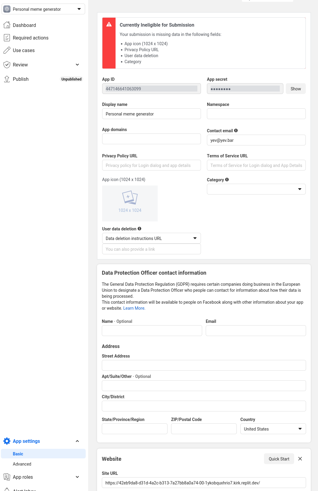Showing the Facebook app's app secret