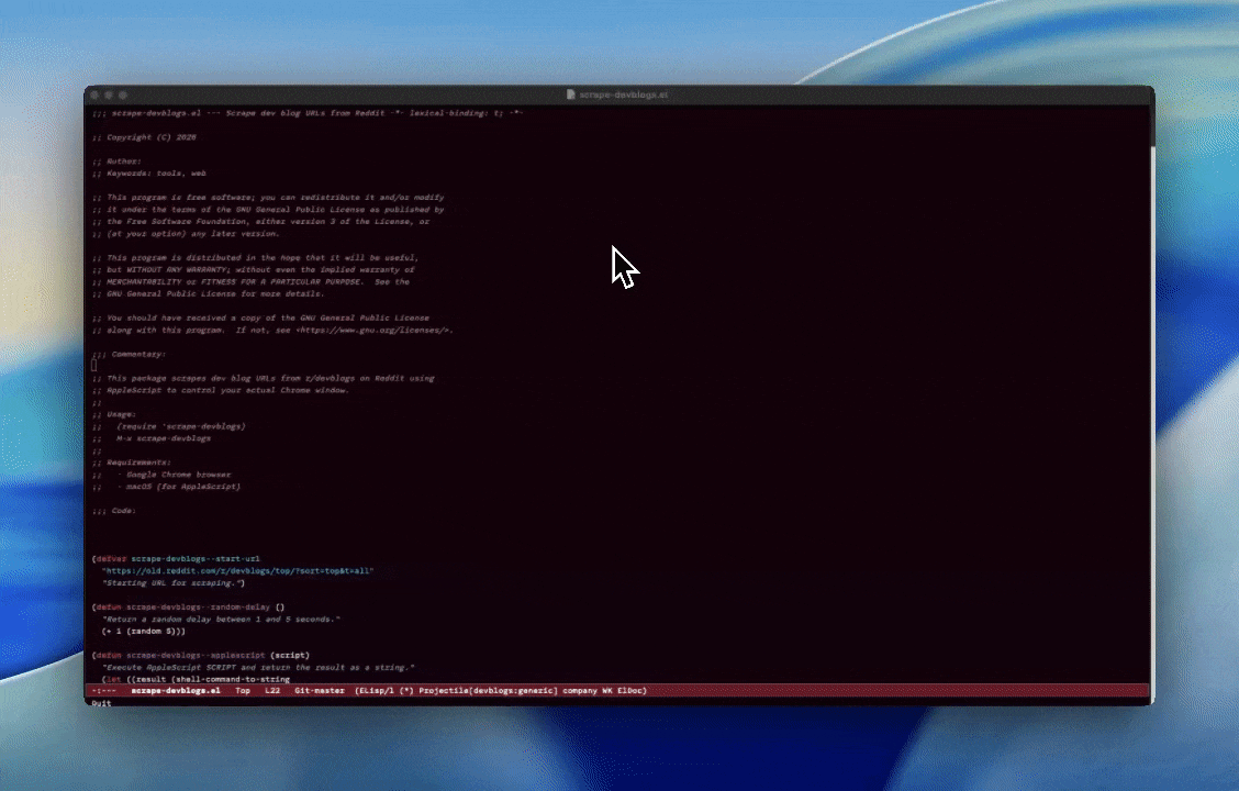 Screen recording of calling scrape function from emacs to control local Chrome browser via applescript