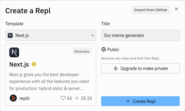 Creating a Next.js app in Repl.it